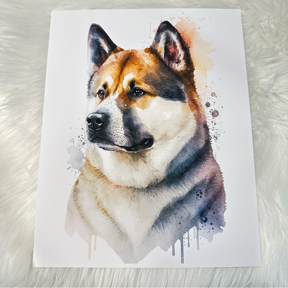 Watercolor American Akita Dogs Portrait Wall Art Illustration Print Unframed - Picture 7 of 8